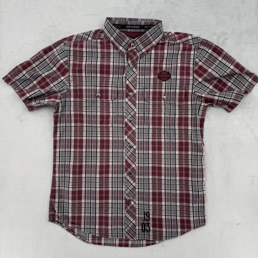 Harley-Davidson Mens Plaid Button Down Shirt Maroon Grey Short Sleeve 1903 Sz M